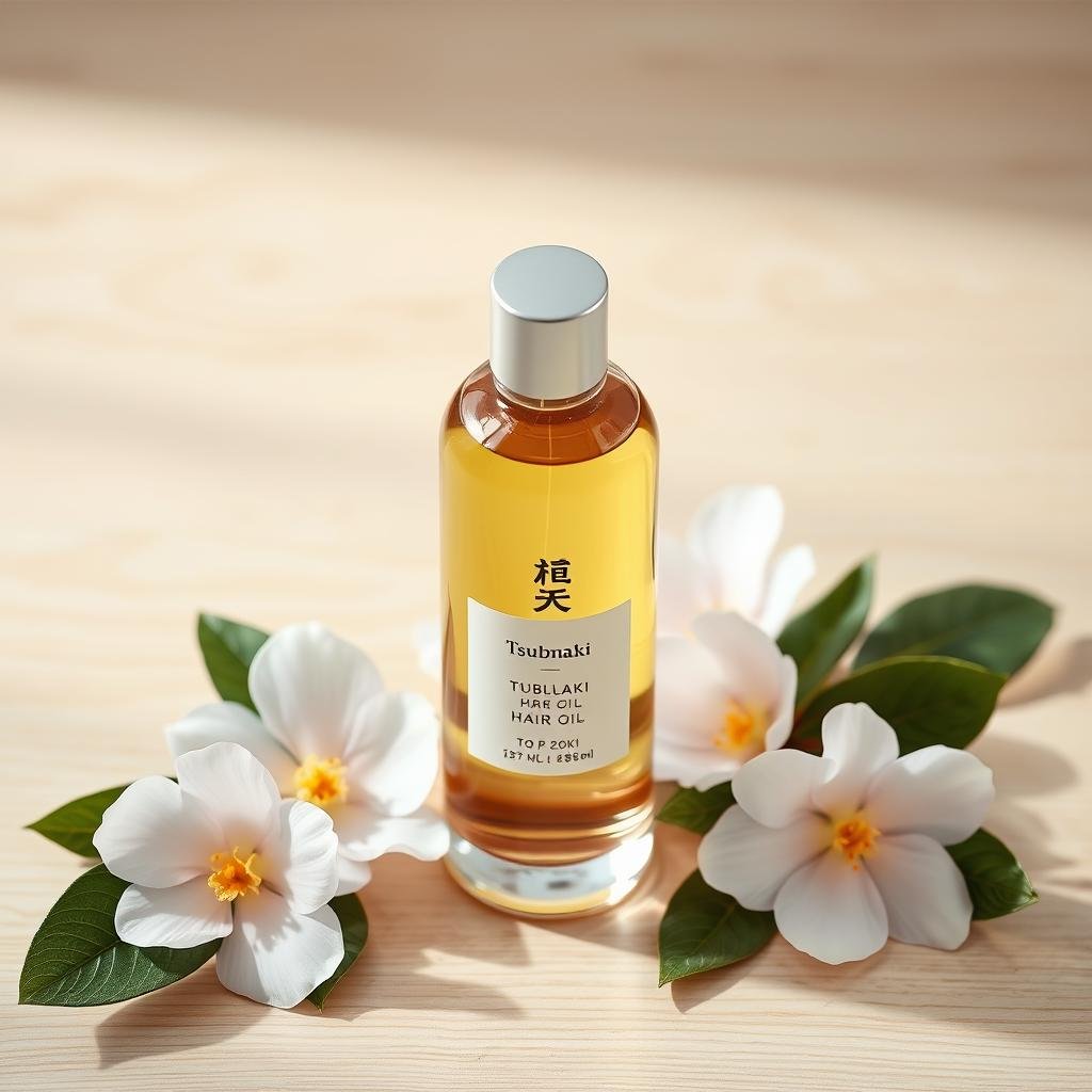 Bottle of Camellia (Tsubaki) oil with camellia flowers