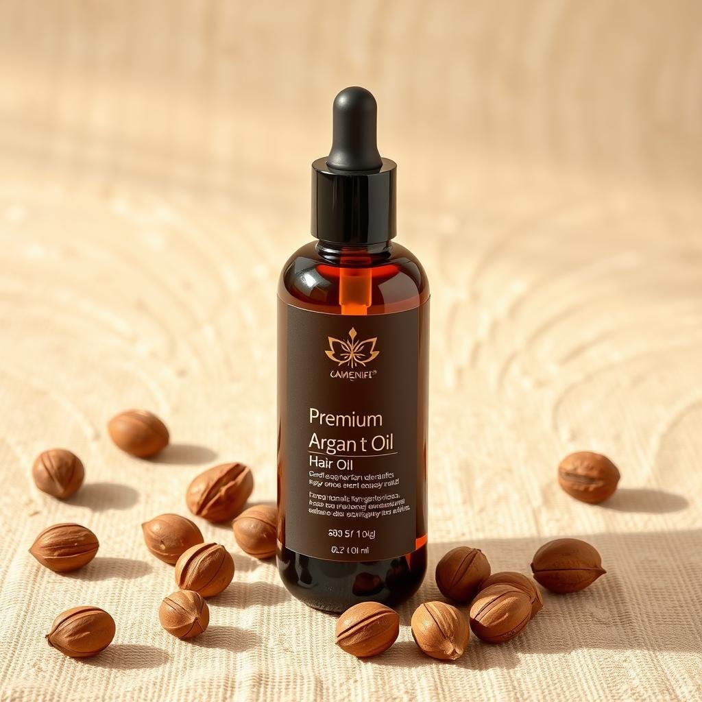 Bottle of argan oil with argan nuts