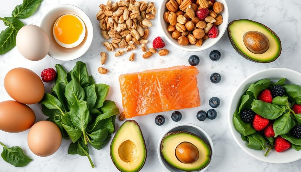 Foods rich in hair-healthy nutrients arranged on a table Foods rich in hair-healthy nutrients arranged on a table