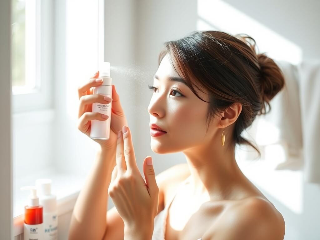 Woman applying K-Beauty facial mist during her morning skincare routine
